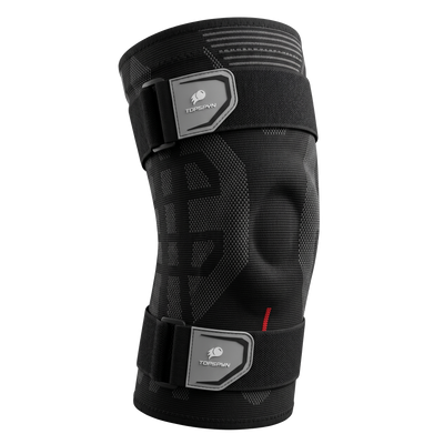 Black knee brace with a visible brand logo on a white background