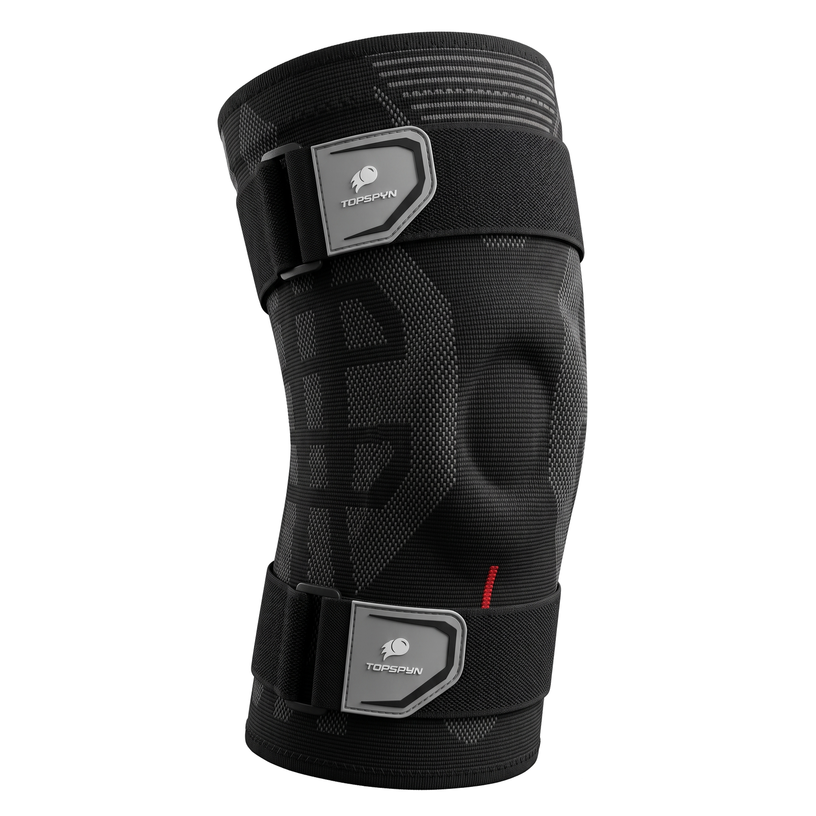 Black knee brace with a visible brand logo on a white background