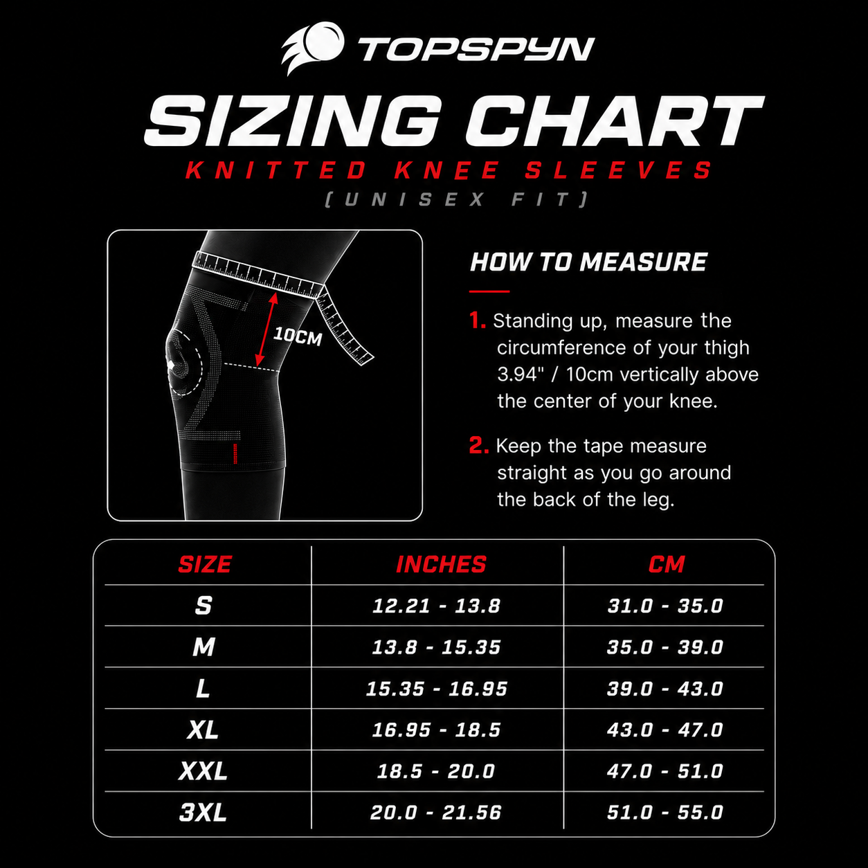 Topspyn sizing chart for knitted knee sleeves with measurement instructions and size chart.